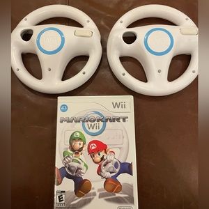 Mario Kart Nintendo Wii game + 2 Steering Wheel Attachments